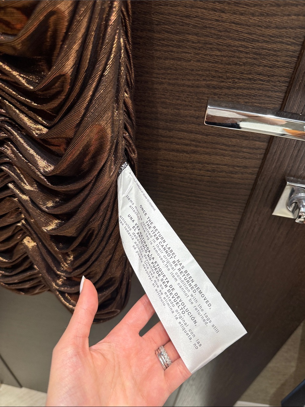 One-Shoulder Metallic Copper Ruched Dress - Picture 3 of 5